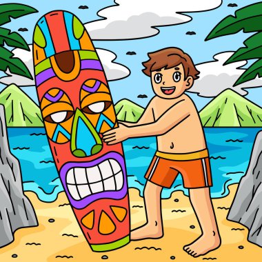 Bu karikatür Tiki sörf tahtası resimli bir sörfçü çocuğu gösteriyor.