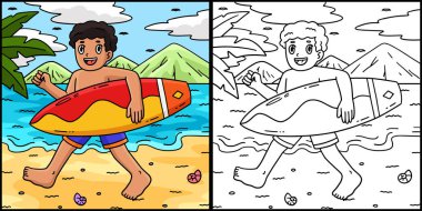 Bu renkli sayfa sörf tahtası taşıyan bir sörfçü çocuğu gösteriyor. Bu illüstrasyonun bir tarafı renkli ve çocuklar için bir ilham kaynağı. 