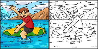 Bu renkli sayfa sörf tahtasında oturan bir sörfçü çocuğu gösteriyor. Bu illüstrasyonun bir tarafı renkli ve çocuklar için bir ilham kaynağı. 