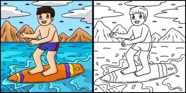Bu boyama sayfası sörf tahtasında zıplayan bir sörfçü çocuğu gösteriyor. Bu illüstrasyonun bir tarafı renkli ve çocuklar için bir ilham kaynağı. 