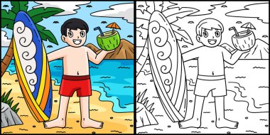 Bu boyama sayfasında sörf tahtası ve tropikal içecek var. Bu illüstrasyonun bir tarafı renkli ve çocuklar için bir ilham kaynağı. 