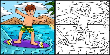 Bu renkli sayfa bir sörfçü çocuğu gösteriyor. Bu illüstrasyonun bir tarafı renkli ve çocuklar için bir ilham kaynağı. 