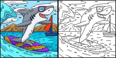 Bu renkli sayfa bir sörf köpekbalığını gösteriyor. Bu illüstrasyonun bir tarafı renkli ve çocuklar için bir ilham kaynağı. 