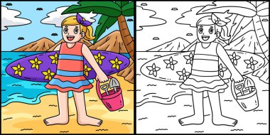 Bu boyama sayfasında Sörfçü Kız sörf tahtası ve Sandcastle araçları var. Bu illüstrasyonun bir tarafı renkli ve çocuklar için bir ilham kaynağı. 