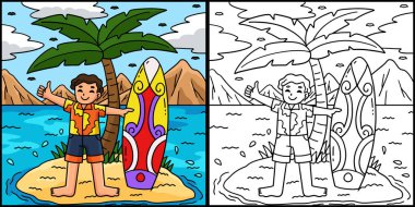 Bu renkli sayfada sörf tahtası ve palmiye ağacı olan sörfçü çocuk var. Bu illüstrasyonun bir tarafı renkli ve çocuklar için bir ilham kaynağı. 