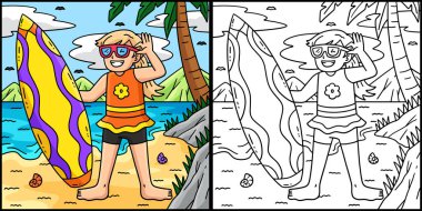 Bu boyama sayfası güneş gözlüklü sörf yapan bir kızı gösteriyor. Bu illüstrasyonun bir tarafı renkli ve çocuklar için bir ilham kaynağı. 