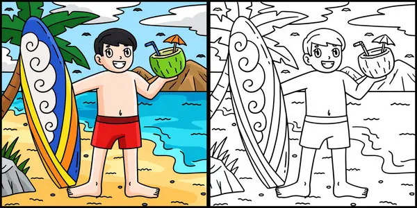 Bu boyama sayfasında sörf tahtası ve tropikal içecek var. Bu illüstrasyonun bir tarafı renkli ve çocuklar için bir ilham kaynağı. 