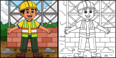 Bu boyama sayfası bir erkek inşaat işçisini gösteriyor. Bu illüstrasyonun bir tarafı renkli ve çocuklar için bir ilham kaynağı..