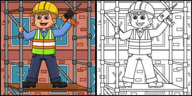 Bu boyama sayfası iskeledeki bir inşaat işçisini gösteriyor. Bu illüstrasyonun bir tarafı renkli ve çocuklar için bir ilham kaynağı..