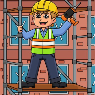 Bu karikatür, yapı iskelesinde bir inşaat işçisini gösteriyor..