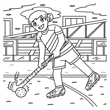 Topu yöneten kadın bir çim hokeyi oyuncusunun sevimli ve komik renkli sayfası. Çocuklar için saatlerce boyama eğlencesi sağlıyor. Bu sayfayı boyamak çok kolaydır. Küçük çocuklar ve yeni yürümeye başlayanlar için uygun..
