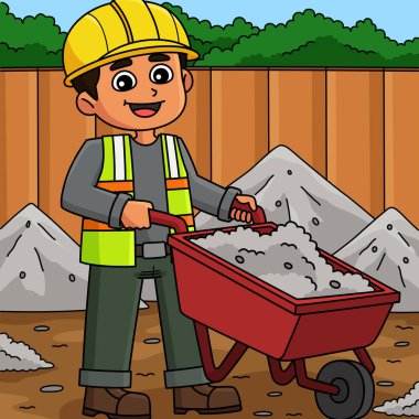 Bu karikatür, el arabası çizimi olan bir inşaat işçisini gösteriyor..