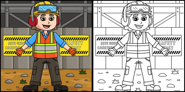 Bu boyama sayfası Güvenlik Teçhizatı olan bir kadın inşaat işçisini gösteriyor. Bu illüstrasyonun bir tarafı renkli ve çocuklar için bir ilham kaynağı..