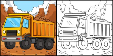 Bu boyama sayfası bir inşaat atık kamyonunu gösteriyor. Bu illüstrasyonun bir tarafı renkli ve çocuklar için bir ilham kaynağı..