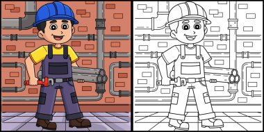 Bu boyama sayfası bir İnşaat İşçisi Tesisatçısını gösteriyor. Bu illüstrasyonun bir tarafı renkli ve çocuklar için bir ilham kaynağı..