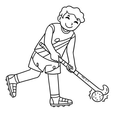 Topu yöneten erkek bir çim hokeyi oyuncusunun sevimli ve komik renkli sayfası. Çocuklar için saatlerce boyama eğlencesi sağlıyor. Bu sayfayı boyamak çok kolaydır. Küçük çocuklar ve yeni yürümeye başlayanlar için uygun.. 