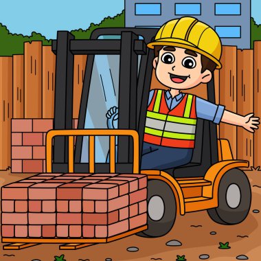Bu karikatür parçası Forklift illüstrasyonlu bir inşaat işçisini gösteriyor.