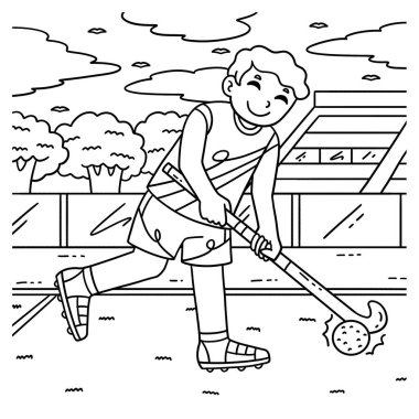 Baloyu yöneten bir hokey oyuncusunun sevimli ve komik renkli sayfası. Çocuklar için saatlerce boyama eğlencesi sağlıyor. Bu sayfayı boyamak çok kolaydır. Küçük çocuklar ve yeni yürümeye başlayanlar için uygun..