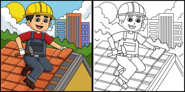 Bu boyama sayfası bir çatı işçisini gösteriyor. Bu illüstrasyonun bir tarafı renkli ve çocuklar için bir ilham kaynağı..