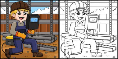 Bu boyama sayfası bir İnşaat İşçisi kaynakçısını gösteriyor. Bu illüstrasyonun bir tarafı renkli ve çocuklar için bir ilham kaynağı..