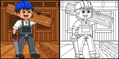 Bu boyama sayfası bir inşaat işçisinin kütük kaldırışını gösteriyor. Bu illüstrasyonun bir tarafı renkli ve çocuklar için bir ilham kaynağı..