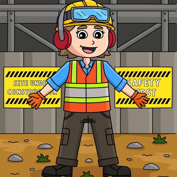 Bu karikatür parçası Güvenlik Vitesi çizimi olan bir kadın inşaat işçisini gösteriyor.