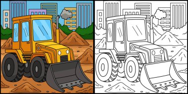 Bu boyama sayfası bir Yapı Yükleyicisini gösterir. Bu illüstrasyonun bir tarafı renkli ve çocuklar için bir ilham kaynağı..