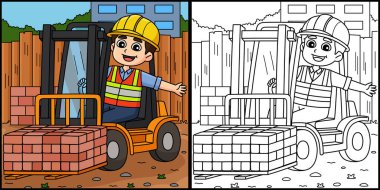 Bu boyama sayfası Forklift kullanan bir inşaat işçisini gösteriyor. Bu illüstrasyonun bir tarafı renkli ve çocuklar için bir ilham kaynağı..