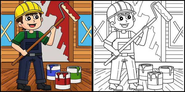 Bu boyama sayfası bir inşaat işçisinin duvarı boyamasını gösteriyor. Bu illüstrasyonun bir tarafı renkli ve çocuklar için bir ilham kaynağı..