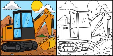 Bu boyama sayfası bir inşaat kazıcısını gösteriyor. Bu illüstrasyonun bir tarafı renkli ve çocuklar için bir ilham kaynağı..