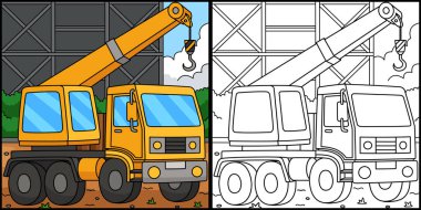 Bu boyama sayfasında bir İnşaat Turnası Kamyonu var. Bu illüstrasyonun bir tarafı renkli ve çocuklar için bir ilham kaynağı..