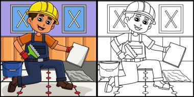 Bu boyama sayfası bir İnşaat İşçisi Döşeme Ayarını gösterir. Bu illüstrasyonun bir tarafı renkli ve çocuklar için bir ilham kaynağı..