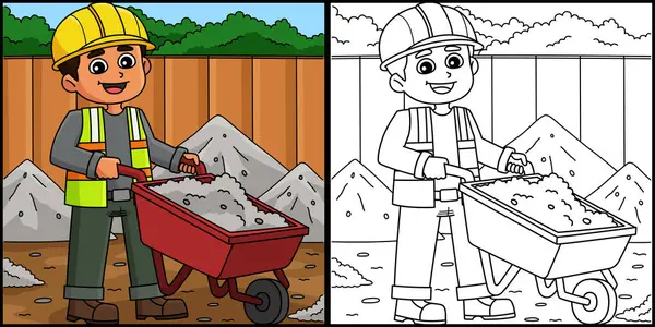 Bu boyama sayfasında el arabası olan bir inşaat işçisi var. Bu illüstrasyonun bir tarafı renkli ve çocuklar için bir ilham kaynağı..
