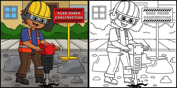 Bu boyama sayfası inşaat işçisi Jack Hammering Yolu 'nu gösteriyor. Bu illüstrasyonun bir tarafı renkli ve çocuklar için bir ilham kaynağı..