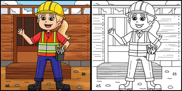 Bu boyama sayfası bir kadın inşaat işçisini gösteriyor. Bu illüstrasyonun bir tarafı renkli ve çocuklar için bir ilham kaynağı..