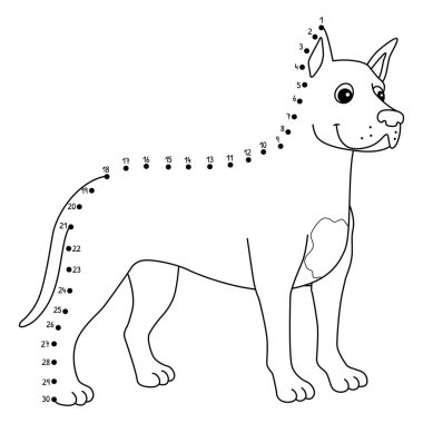 Noktaları birleştiren sevimli ve komik bir Danua köpeği hayvan boyama sayfası..
