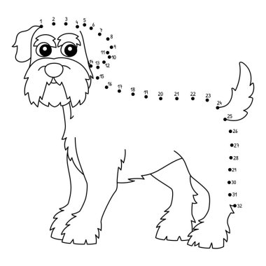 Noktaları birleştiren sevimli ve komik bir Dot Schnauzer Köpek Hayvan Boyama Sayfası.
