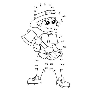 Noktaları birleştiren sevimli ve komik bir Pilgrim Boy elinde balta boyama sayfası tutuyor..