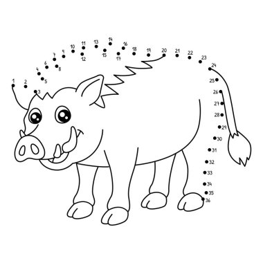 Noktaları birleştiren sevimli ve komik bir Afrika Domuzu hayvan boyama sayfası.
