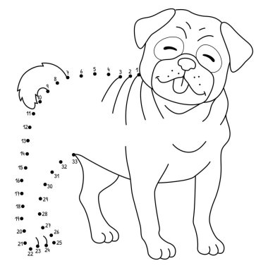 Noktaları birleştiren sevimli ve komik bir Pug Dog Hayvan Boyama Sayfası.