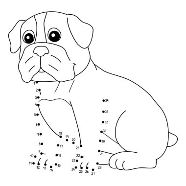 Noktaları birleştiren sevimli ve komik bir Dot Bulldog Köpek Hayvan Boyama Sayfası.