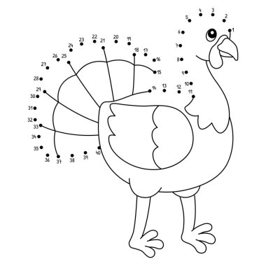 Noktaları birleştiren şirin ve komik bir Şükran Günü hindi boyama sayfası..
