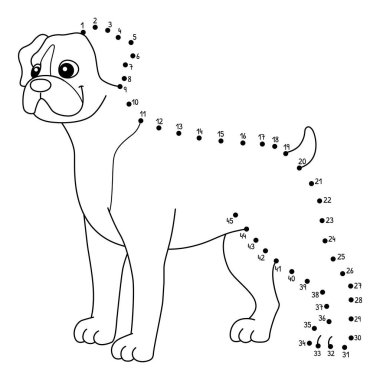 Noktaları birleştiren sevimli ve komik bir Dot Boksör Köpek Hayvan Boyama Sayfası.