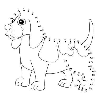 Noktaları birleştiren sevimli ve komik bir Dot Basset Tazı Köpek Hayvan Boyama Sayfası.