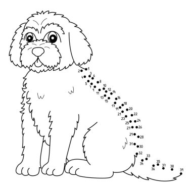 Noktaları birleştiren sevimli ve komik bir Dot Golden Doodle Dog Hayvan Boyama Sayfası.