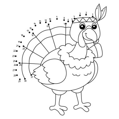 Noktaları bir Hint Başlığı renklendirme sayfasıyla birleştiren sevimli ve komik bir hindi..