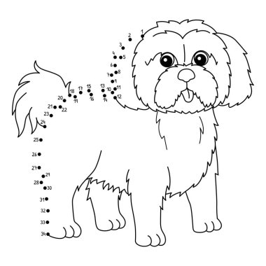 Noktaları birleştiren sevimli ve komik bir Dot Shih Tzu Köpek boyama sayfası.
