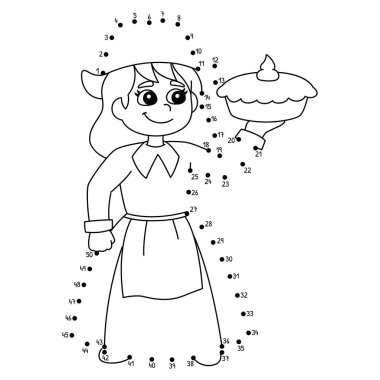 Noktaları birleştiren sevimli ve komik bir Pilgrim Kızı Turta Boyama Sayfası Tutuyor.