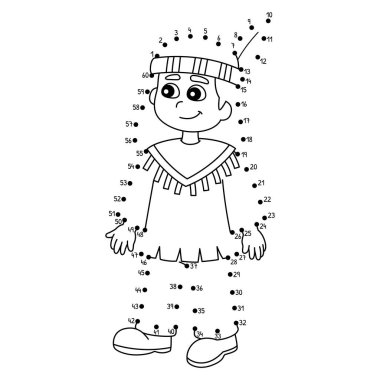 Noktaları birleştiren sevimli ve komik bir Şükran Günü Yerli Amerikalı Çocuk boyama sayfası..