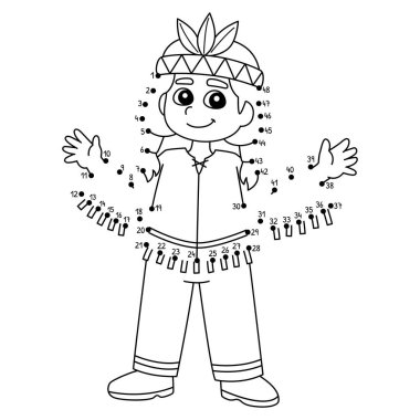 Noktaları birleştiren sevimli ve komik bir Şükran Günü Yerli Amerikalı Çocuk boyama sayfası..